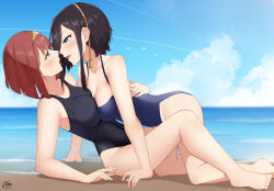 Rule 34 | 2girls, ark royal (azur lane), ark royal (kancolle), azur lane, beach, black hair, blue eyes, bob cut, commission, crossover, day, eye contact, historical name connection, kantai collection, looking at another, multiple girls, name connection, ocean, one-piece swimsuit, outdoors, red hair, short hair, swimsuit, xsan vanny, yuri