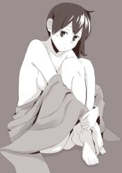 Rule 34 | 1girl, barefoot, breasts, closed mouth, commentary request, grey background, greyscale, kaga (kancolle), kantai collection, hugging own legs, crossed legs, looking at viewer, makio (makiomeigenbot), medium breasts, monochrome, nude, one side up, simple background, sitting, solo, toes