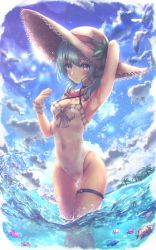 Rule 34 | 1girl, absent, absurdres, arm behind head, arm up, armpits, bird, blue eyes, blue hair, blue sky, breasts, cleavage, covered navel, fish, flower, frills, hair between eyes, hand up, hat, hat flower, highleg, highleg swimsuit, highres, medium hair, ocean, one-piece swimsuit, open mouth, original, palm tree, partially submerged, scrunchie, seagull, sky, solo, straw hat, swimsuit, thigh strap, tree, wet, wet clothes, wet swimsuit, white one-piece swimsuit, wrist scrunchie