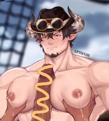 Rule 34 | 2boys, absurdres, artist name, bara, barawa, between pecs, between pectorals, blush, brown eyes, closed mouth, draph, erection, facial hair, gloves, goatee, granblue fantasy, hat, highres, horns, kimakkun, large pectorals, male focus, male lactation, multiple boys, muscular, muscular male, mustard, nipples, pecjob, pectorals, penis, pointy ears, short hair, smile, smoking pipe, solo focus, sunglasses, yaoi