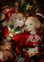 Rule 34 | 1boy, 1girl, alternate costume, bell, blonde hair, blue eyes, box, braid, capelet, christmas, christmas tree, closed mouth, commentary request, crown braid, dress, earrings, fake antlers, fur-trimmed capelet, fur trim, gift, gift box, green eyes, hair ornament, hairclip, highres, holding, holding gift, indoors, jewelry, knee up, light brown hair, link, looking at viewer, lying, medium hair, neck bell, nintendo, on back, parted lips, pointy ears, princess zelda, red capelet, red dress, red shirt, santa costume, santa dress, shirt, short hair, signature, the legend of zelda, the legend of zelda: tears of the kingdom, tsujieiri
