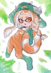 Rule 34 | 1girl, blush, boots, fang, full body, gloves, green background, green footwear, green gloves, green headwear, highres, inkling, inkling girl, inkling player character, lifebuoy, long hair, nintendo, open mouth, orange eyes, orange hair, pointy ears, rubber boots, rubber gloves, salmon run (splatoon), skin fang, solo, splatoon (series), splatoon 3, sweat, swim ring, tebasaki (teba illust), tentacle hair, thick eyebrows, two-tone background, white background