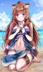 Rule 34 | 1girl, animal ear fluff, animal ears, bad id, bad twitter id, barefoot, beach, blue sky, blush, brown hair, closed mouth, collarbone, commentary, day, highres, leg belt, long hair, looking at viewer, navel, ocean, raccoon ears, raccoon girl, raphtalia, red eyes, sak (lemondisk), sand, seiza, sitting, sky, solo, swimsuit, swimsuit under clothes, tate no yuusha no nariagari, thigh strap, very long hair