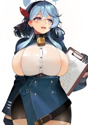 Rule 34 | 1girl, ako (blue archive), areola slip, bell, belt, black belt, black gloves, black hairband, black skirt, blue archive, blue coat, blue eyes, blue hair, blush, breasts, breasts out, clipboard, coat, commentary request, cowboy shot, earrings, gloves, hair between eyes, hairband, halo, harusame-r, holding, holding clipboard, jewelry, large breasts, long hair, long sleeves, looking to the side, miniskirt, neck bell, open mouth, paid reward available, sideboob, simple background, skirt, solo, white background