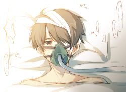 Rule 34 | 10s, 1boy, aldnoah.zero, bandages, bandaged head, black hair, blanket, collarbone, hair over one eye, hose, kaizuka inaho, looking at viewer, lying, male focus, on back, on bed, oxygen mask, short hair, solo, sunlight, yamucha