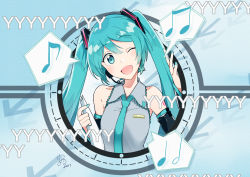 Rule 34 | 1girl, agonasubi, aqua eyes, aqua hair, aqua nails, aqua necktie, arrow (symbol), bare shoulders, beamed eighth notes, black sleeves, blue background, commentary, danmaku comments, detached sleeves, eighth note, folder, grey shirt, hair ornament, half note, hand up, hatsune miku, headphones, headset, holding, holding folder, long hair, looking at viewer, musical note, nail polish, necktie, one eye closed, open mouth, quarter note, shirt, shoulder tattoo, sleeveless, sleeveless shirt, smile, solo, speech bubble, spoken musical note, tattoo, twintails, upper body, vocaloid, watashi no jikan (vocaloid)