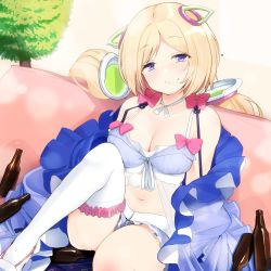 Rule 34 | 1girl, aki rosenthal, aki rosenthal (sleepwear), bare shoulders, beer bottle, blonde hair, blue bra, blue shorts, blush, bob cut, bottle, bra, breasts, cleavage, closed mouth, collarbone, couch, detached hair, drunk, hair ornament, highres, hololive, indoors, long hair, low twintails, medium breasts, navel, nejime, parted bangs, purple eyes, see-through, shorts, smile, solo, thighhighs, twintails, underwear, virtual youtuber, white thighhighs