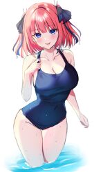 Rule 34 | 1girl, blue eyes, blue one-piece swimsuit, blush, breasts, butterfly hair ornament, cleavage, covered navel, cowboy shot, go-toubun no hanayome, hair ornament, hair ribbon, highres, kurosaki coco, large breasts, looking at viewer, medium hair, nakano nino, one-piece swimsuit, pink hair, ribbon, solo, swimsuit, tongue, tongue out, wading, wet