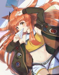 Rule 34 | 1girl, absurdres, animal ears, arm up, armpits, bare shoulders, belt, breasts, chahanramen, covering own mouth, crop top, dog tags, green jacket, hair ribbon, hair spread out, highres, horse ears, jacket, long hair, long sleeves, looking at viewer, lying, mayano top gun (umamusume), midriff, navel, on back, open clothes, open jacket, orange hair, paper airplane, ribbon, shirt, short shorts, shorts, sleeveless, sleeveless shirt, small breasts, solo, stomach, umamusume, white shorts, yellow eyes, yellow shirt