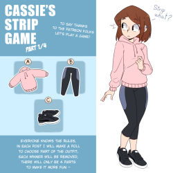 Rule 34 | 1girl, ^^^, absurdres, black eyes, black footwear, black pants, blue pants, bob cut, breasts, brown hair, cassie (tobias wheller), commentary, earclip, english commentary, english text, full body, highres, hood, hood down, hoodie, looking away, looking to the side, meme, original, paid reward available, pants, parted lips, pink hoodie, poll, raised eyebrows, shoes, short eyebrows, short hair, small breasts, sneakers, solo, standing, swept bangs, thick eyebrows, tobias wheller, track pants, twitter strip game (meme), two-tone pants