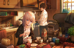 Rule 34 | 1boy, 1girl, ahoge, blue eyes, bread, breasts, brown eyes, brown hair, coffee, coffee mug, commentary, cookie, cowboy shot, cup, cutlery, english commentary, food, from behind, grey hair, highres, indoors, kitchen, long hair, long sleeves, looking at another, looking back, looking down, milk, morning, mug, nekojira, original, pancake, pants, plant, revision, shadow, shirt, short hair, smile, standing, sugar cube, toaster, turtleneck, white hair, white shirt, window