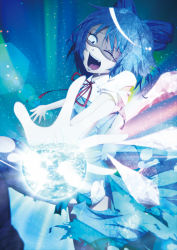 Rule 34 | 1girl, absurdres, blue eyes, blue hair, boroe, cirno, crying, crying with eyes open, glowing, highres, ice, ice wings, matching hair/eyes, outstretched arm, outstretched hand, panties, pantyshot, solo, tears, tomiccho, torn clothes, touhou, underwear, wings