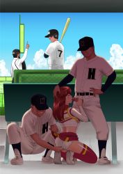 Rule 34 | 1girl, 4boys, absurdres, ass, ass grab, baseball bat, baseball cap, baseball glove, baseball uniform, blue sky, blush, brown hair, censored, cheerleader, closed eyes, clothes lift, cloud, day, edogawa koubou, edogawakobo, faceless, faceless male, fellatio, full body, group sex, hand on head, handjob, hat, hetero, highres, kneeling, long hair, md5 mismatch, midriff, miniskirt, mmf threesome, multiple boys, oral, outdoors, panties, penis, penis out, public indecency, red thighhighs, resolution mismatch, shoes, short hair, skirt, skirt lift, sky, sleeveless, smile, sneakers, source smaller, sportswear, stealth sex, thighhighs, threesome, umpire, underwear, white panties