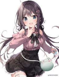 Rule 34 | 1girl, bare shoulders, black skirt, blush, braid, breasts, brown hair, can, dengeki moeou, drink can, drinking straw, fang, frilled shirt, frilled skirt, frills, green eyes, hair ornament, hairclip, heart, heart hair ornament, highres, holding, holding can, imouto (karory), karory, long hair, long sleeves, looking at viewer, low twintails, medium breasts, open mouth, original, shirt, simple background, skin fang, skirt, smile, soda can, solo, standing, thigh strap, twintails, v, very long hair, white background