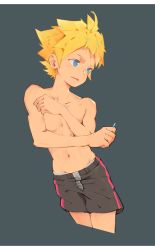 Rule 34 | abs, artist request, black shorts, blonde hair, blue eyes, boruto: naruto next generations, crossed arms, highres, male focus, male underwear, male underwear peek, naruto (series), navel, shorts, simple background, source request, tagme, topless male, underwear, uzumaki boruto