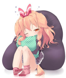 Rule 34 | 1girl, animal ears, blush, bow, brown dress, brown eyes, commentary request, covered mouth, dog ears, dog girl, dog tail, dress, hair between eyes, hair bow, head tilt, highres, knees up, light brown hair, makuran, no shoes, hugging object, one eye closed, original, panties, pillow, pillow hug, pink socks, polka dot, red bow, sidelocks, sleepy, socks, soles, solo, striped, striped bow, tail, underwear, unmoving pattern, white background, white panties