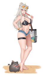 Rule 34 | 1girl, animal, animal ears, bag, bare shoulders, bikini, black bikini, blue shorts, bottle, breasts, cleavage, feet, flip-flops, food, fruit, full body, grey eyes, grey hair, highres, holding, holding bag, holding food, holding popsicle, hololive, large breasts, legs, lion ears, lion girl, long hair, looking at viewer, micro shorts, navel, open mouth, ponytail, popsicle, revision, sandals, shishiro botan, shorts, ssrb (shishiro botan), standing, stomach, swimsuit, thigh strap, thighs, toenails, toes, virtual youtuber, watermelon, watermelon slice, wei xiao, white background