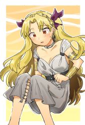 Rule 34 | 1girl, armband, bad id, bad twitter id, blonde hair, blush, cleopatra (fate) (cosplay), cleopatra (fate), collar, commentary request, cosplay, dress, earrings, ereshkigal (fate), fate/grand order, fate (series), hair ribbon, highres, jewelry, long hair, open mouth, purple ribbon, red eyes, ribbon, sketch, solo, sweat, very long hair, white dress, ya (aoaoblue 0710)