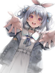 Rule 34 | 1girl, :d, blue hair, blue neckerchief, carrot hair ornament, choker, dress, dutch angle, earrings, food-themed hair ornament, hair between eyes, hair ornament, hair ribbon, highres, hololive, incoming hug, jacket, jewelry, kubota masaki, neckerchief, open clothes, open jacket, open mouth, outdoors, outstretched arms, rabbit-shaped pupils, rabbit earrings, red eyes, ribbon, sailor collar, short eyebrows, simple background, single earring, smile, solo, symbol-shaped pupils, thick eyebrows, two side up, usada pekora, usada pekora (casual), virtual youtuber, white background, white choker, white dress, white sailor collar