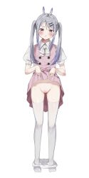 Rule 34 | 1girl, cleft of venus, dress, full body, grey hair, highres, looking at viewer, original, pink dress, pussy, shirt, sioug um2, solo, standing, thighhighs, twintails, white background, white shirt, white thighhighs