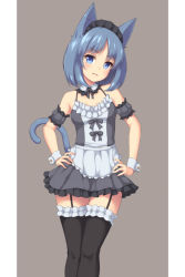Rule 34 | 1girl, animal ears, black background, black thighhighs, blue eyes, blue hair, blush, cat ears, detached collar, dress, frilled thighhighs, frills, frown, hands on own hips, head tilt, maid, maid headdress, matching hair/eyes, original, pillarboxed, sasaame, simple background, solo, tail, thigh gap, thighhighs, wrist cuffs