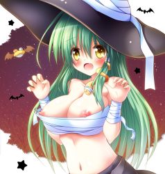 Rule 34 | 1girl, :d, assisted exposure, bandaged head, bandages, bare shoulders, bat (animal), blush, breasts, claw pose, collarbone, commentary request, cursor, eyes visible through hair, fang, green hair, hair between eyes, hair ornament, hands up, hat, kochiya sanae, large breasts, long hair, looking at viewer, midriff, navel, nipples, open mouth, osashin (osada), sarashi, smile, snake hair ornament, solo, touhou, upper body, witch hat, yellow eyes