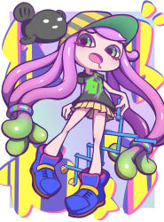 Rule 34 | 1girl, arms at sides, baseball cap, black shirt, blue footwear, blush, border, breasts, clownfish, drooling, female focus, fish, full body, gradient hair, green eyes, green hair, hair tie, harmony&#039;s clownfish (splatoon), harmony (splatoon), hat, highres, holding, holding toy, legs, light blush, long hair, looking at viewer, miniskirt, mouth drool, multicolored hair, nintendo, nintendo ultra hand, open mouth, outside border, pigeon-toed, pink hair, pleated skirt, shinako, shirt, shoes, short sleeves, sidelocks, skirt, small breasts, solo focus, splatoon (series), splatoon 3, standing, striped clothes, striped headwear, swept bangs, tentacle hair, tentacles, toy, tropical fish, twintails, two-tone hair, very long hair, white border, white eyes, yellow headwear, yellow skirt