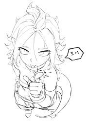 Rule 34 | 1girl, android 21, arabian clothes, bracelet, breasts, dialogue box, dragon ball, dragon ball fighterz, dragonball z, finger gun, highres, jewelry, korean text, looking at viewer, looking up, magic, majin android 21, monochrome, necklace, pointy ears, seductive smile, smile, tail, tongue, tongue out, zequung, zquung