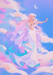 Rule 34 | 1girl, absurdly long hair, belle (ryuu to sobakasu no hime), bishoujo senshi sailor moon, bracelet, braid, closed eyes, cloud, cosplay, crescent moon, dress, earrings, floating, hands up, highres, jewelry, long hair, meyoco, moon, parted lips, pink hair, princess serenity, princess serenity (cosplay), ryuu to sobakasu no hime, short sleeves, solo, very long hair, white dress, wide shot
