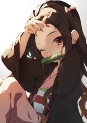 Rule 34 | 1girl, arm up, bad id, bad pixiv id, bamboo, bit gag, black hair, brown eyes, brown hair, checkered sash, commentary request, fingernails, forehead, gag, gradient background, gradient hair, grey background, hair ribbon, japanese clothes, kamado nezuko, kimetsu no yaiba, kimono, long fingernails, long hair, long sleeves, mouth hold, multicolored hair, nail polish, obi, open clothes, parted bangs, pink kimono, pink ribbon, red nails, ribbon, same shark, sash, sharp fingernails, solo, very long hair, white background, wide sleeves