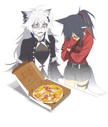 Rule 34 | 2girls, absurdres, animal ears, arknights, belt, black belt, black gloves, black hair, black jacket, black neckwear, black shirt, black shorts, chinese commentary, closed eyes, colored inner hair, commentary, cowboy shot, food, gloves, grey eyes, hairband, hawaiian pizza, highres, horrified, jacket, lappland (arknights), lappland (refined horrormare) (arknights), messy hair, multicolored hair, multiple girls, no jacket, official alternate costume, open clothes, open jacket, open mouth, pale skin, pizza, ponytail, red gloves, red hair, red hairband, red shirt, shaded face, shirt, shorts, simple background, sweat, tail, texas (arknights), texas (willpower) (arknights), thigh strap, white background, white hair, wolf ears, wolf girl, wolf tail, yu yanshu