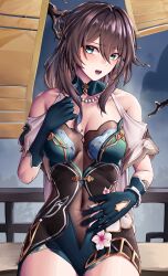 Rule 34 | 1girl, absurdres, aqua eyes, bare shoulders, blue gloves, breasts, brown hair, chinese clothes, cleavage, clothing cutout, commentary request, covered navel, cowboy shot, gloves, hair between eyes, highres, honkai: star rail, honkai (series), korean commentary, looking at viewer, medium breasts, medium hair, open mouth, pyeong-il pyeongil, ruan mei (honkai: star rail), short sleeves, shoulder cutout, solo