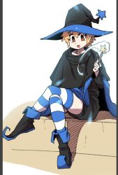 Rule 34 | 1boy, blonde hair, cape, crossed legs, full body, hat, jeong sana, looking at viewer, male focus, parkgee, red eyes, smile, solo, striped clothes, striped thighhighs, suicide boy, thighhighs, witch hat