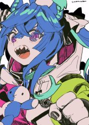 Rule 34 | 1girl, @ @, ahoge, amezawa koma, animal ears, aqua hair, black nails, blue hair, bow, clenched hand, close-up, commentary, crossed bangs, hair between eyes, hair bow, hatching (texture), highres, hood, hoodie, horse ears, horse girl, multicolored clothes, multicolored hair, multicolored hoodie, nail polish, open mouth, pastel colors, portrait, purple eyes, sharp teeth, sidelocks, solo, striped, striped bow, stuffed animal, stuffed rabbit, stuffed toy, symbol-only commentary, teeth, twin turbo (umamusume), twintails, twitter username, two-tone hair, umamusume