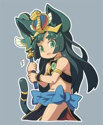 Rule 34 | 1girl, :d, animal ears, arabian clothes, bare shoulders, blue bow, bow, cat ears, cat girl, cat tail, fang, green eyes, green hair, holding, holding staff, long hair, looking at viewer, mawaru (mawaru), navel, open mouth, original, outline, simple background, skin fang, smile, solo, staff, tail, white outline