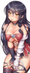 Rule 34 | 1girl, asymmetrical sleeves, bad id, bad pixiv id, bandaged arm, bandages, black hair, black shorts, black sleeves, black thighhighs, blush, breasts, bridal gauntlets, choker, cleavage, collarbone, detached sleeves, folks (nabokof), food, hair between eyes, hands on lap, kneeling, long hair, medium breasts, micro shorts, midriff, mouth hold, pocky, shiny skin, shorts, simple background, single sleeve, smile, solo, stomach, strapless, tales of (series), tales of berseria, thighhighs, torn clothes, torn thighhighs, uneven sleeves, velvet crowe, very long hair, white background, yellow eyes
