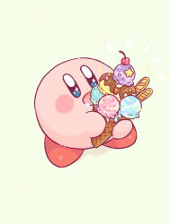 Rule 34 | blue eyes, blush, blush stickers, cherry, commentary request, drooling, food, fruit, grey background, harukui, highres, holding, holding food, holding ice cream, ice cream, ice cream cone, kirby, kirby (series), nintendo, no humans, notice lines, open mouth, simple background, smile, solo, sparkle, sprinkles, star (symbol), symbol in eye, wafer stick