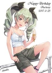 Rule 34 | 10s, 1girl, anchovy (girls und panzer), artist name, bare shoulders, black ribbon, blush, breasts, cargo shorts, character name, cleavage, dated, drill hair, food, girls und panzer, hair ribbon, happy birthday, highres, ice cream, ice cream cup, looking at viewer, medium breasts, midriff, navel, on railing, purple eyes, railing, ribbon, shamakho, shorts, sitting, smile, soft serve, solo, thumb in pocket, twin drills, twintails, white background