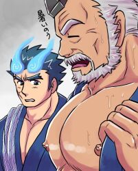 Rule 34 | 2boys, bara, beard, blue fire, breasts day, facial hair, facial scar, fiery horns, fire, forked eyebrows, from side, girl staring at guy&#039;s chest (meme), good breasts day, hair slicked back, hogen (housamo), horns, large pectorals, looking at another, looking at pectorals, looking down, male focus, mature male, meme, multiple boys, muscle envy, muscular, muscular male, old, old man, pectoral cleavage, pectorals, pikako182, sakimori toji, scar, scar on cheek, scar on face, short hair, sweat, thick beard, thick eyebrows, tokyo houkago summoners, translation request, upper body, very sweaty