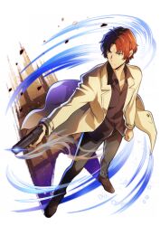 Rule 34 | 1boy, bad source, blue eyes, brown footwear, bungou stray dogs, facial hair, fingernails, gun, holding, holding gun, holding weapon, long sleeves, male focus, oda sakunosuke (bungou stray dogs), official art, pants, red hair, shoes, solo, transparent background, weapon