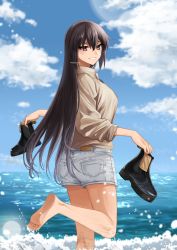 Rule 34 | alternate costume, barefoot, black footwear, black hair, blue shorts, blue sky, boots, unworn boots, brown shirt, cloud, collared shirt, day, denim, denim shorts, highres, holding, holding clothes, holding footwear, kantai collection, long hair, long sleeves, looking at viewer, machi (ritovoyage), nagato (kancolle), no headgear, ocean, outdoors, parted lips, red eyes, shirt, shorts, sky, smile, solo, wading, waves