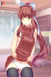 Rule 34 | 1girl, absurdres, artist name, backless dress, backless outfit, black thighhighs, blush, breasts, brown hair, clothes lift, doki doki literature club, dress, dress lif, dress lift, flashing, green eyes, halterneck, highres, lifted by self, long hair, looking at viewer, medium breasts, meme attire, monika (doki doki literature club), one eye closed, panties, patreon username, ponytail, ribbed sweater, saito ryou, sideboob, smile, solo, sweater, sweater dress, sweater lift, thighhighs, turtleneck, turtleneck sweater, underwear, very long hair, virgin killer sweater, white panties