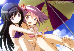 Rule 34 | 10s, 2girls, :d, absurdres, akemi homura, bare arms, bare legs, bare shoulders, barefoot, beach umbrella, bikini, black hair, blush, clenched hand, cloud, day, drink, dutch angle, feet, female focus, from below, hair ribbon, hairband, happy, highres, holding, holding drink, hug, hug from behind, kaname madoka, knee up, knees together feet apart, knees up, legs, long hair, looking at viewer, mahou shoujo madoka magica, mahou shoujo madoka magica: hangyaku no monogatari, multiple girls, official art, open mouth, parasol, pink bikini, pink eyes, pink hair, purple bikini, purple eyes, red eyes, ribbon, sky, smile, soles, sun, swimsuit, taniguchi jun&#039;ichirou, toes, twintails, umbrella, yuri
