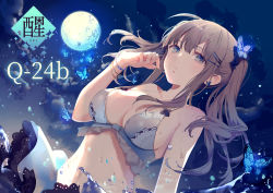 Rule 34 | 1girl, bad id, bad pixiv id, bare shoulders, bikini, bracelet, breasts, brown hair, bug, butterfly, butterfly earrings, butterfly hair ornament, cleavage, closed mouth, cloud, cloudy sky, collarbone, earrings, expressionless, full moon, grey bikini, grey eyes, hair ornament, hairclip, hand up, bug, jewelry, large breasts, long hair, looking at viewer, moon, navel, night, night sky, original, sidelocks, skirt, sky, solo, swimsuit, twintails, upper body, water, yukisame