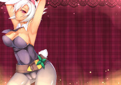Rule 34 | 1girl, animal ears, armpits, arms up, battle bunny riven, breasts, cameltoe, cleavage, dean (momodean), detached collar, fake animal ears, folded ponytail, hair over one eye, large breasts, league of legends, leotard, necktie, o/, open mouth, outstretched arms, pantyhose, playboy bunny, rabbit ears, rabbit tail, red eyes, riven (league of legends), short hair, silver hair, solo, tail