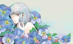 Rule 34 | 1girl, absurdres, bare shoulders, blue flower, blue pansy, flower, grey background, grey hair, highres, looking at viewer, medium hair, one eye covered, original, oversized flower, pansy, parted lips, red flower, richard-kun, solo, upper body, yellow eyes