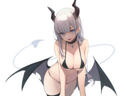 Rule 34 | 1girl, :d, arm support, bare arms, bare shoulders, bent over, bikini, black bikini, black choker, black horns, black thighhighs, blue eyes, breasts, choker, cleavage, collarbone, cross, curvy, demon girl, demon horns, demon tail, demon wings, fang, halterneck, highres, horns, large breasts, long hair, looking at viewer, low wings, navel, nekojira, open mouth, original, pointy ears, sidelocks, simple background, single thighhigh, skindentation, smile, solo, standing, string bikini, swimsuit, tail, tail raised, thea (nekojira), thighhighs, thighs, white background, white hair, wings