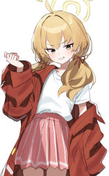 Rule 34 | 1girl, ahoge, blonde hair, blue archive, blush, cowboy shot, gazacy (dai), grin, hair ribbon, halo, highres, jacket, long hair, long sleeves, open clothes, open jacket, pink skirt, pleated skirt, red jacket, red ribbon, ribbon, shirt, short sleeves, simple background, skirt, smile, solo, white background, white shirt, yellow eyes, yellow halo, yoshimi (band) (blue archive), yoshimi (blue archive)