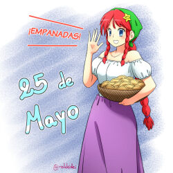 Rule 34 | 1girl, adapted costume, alternate costume, argentina, basket, blush, border, braid, collarbone, commentary, empanada, english commentary, head scarf, highres, holding, holding basket, hong meiling, long hair, long skirt, off-shoulder shirt, off shoulder, puffy short sleeves, puffy sleeves, purple skirt, rakkidei, red hair, scarf on head, shirt, short sleeves, skirt, solo, spanish text, touhou, translated, twitter username, white border, white shirt