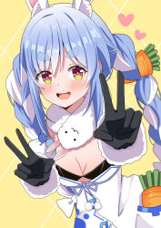 1girl absurdres animal_ears black_gloves black_leotard blue_hair blush bow braid breasts carrot_hair_ornament carrot_in_pocket cleavage don-chan_(usada_pekora) double_v dress food-themed_hair_ornament fur-trimmed_dress fur-trimmed_gloves fur_trim gloves hair_bow hair_ornament heart highres hololive hosinonana leotard leotard_under_clothes long_hair looking_at_viewer medium_breasts multicolored_hair open_mouth orange_eyes rabbit-shaped_pupils rabbit_ears rabbit_girl short_eyebrows smile solo symbol-shaped_pupils twin_braids two-tone_hair usada_pekora usada_pekora_(1st_costume) v virtual_youtuber white_bow white_dress white_hair